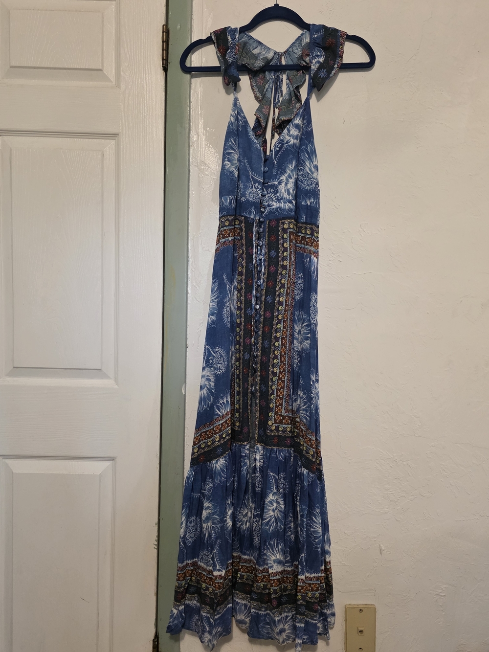 FARM Rio Blue Boho Tie-Back Maxi Dress with Patterned Trim